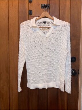 Talbots Women's White Open-Knit V-Neck Sweater with Collar